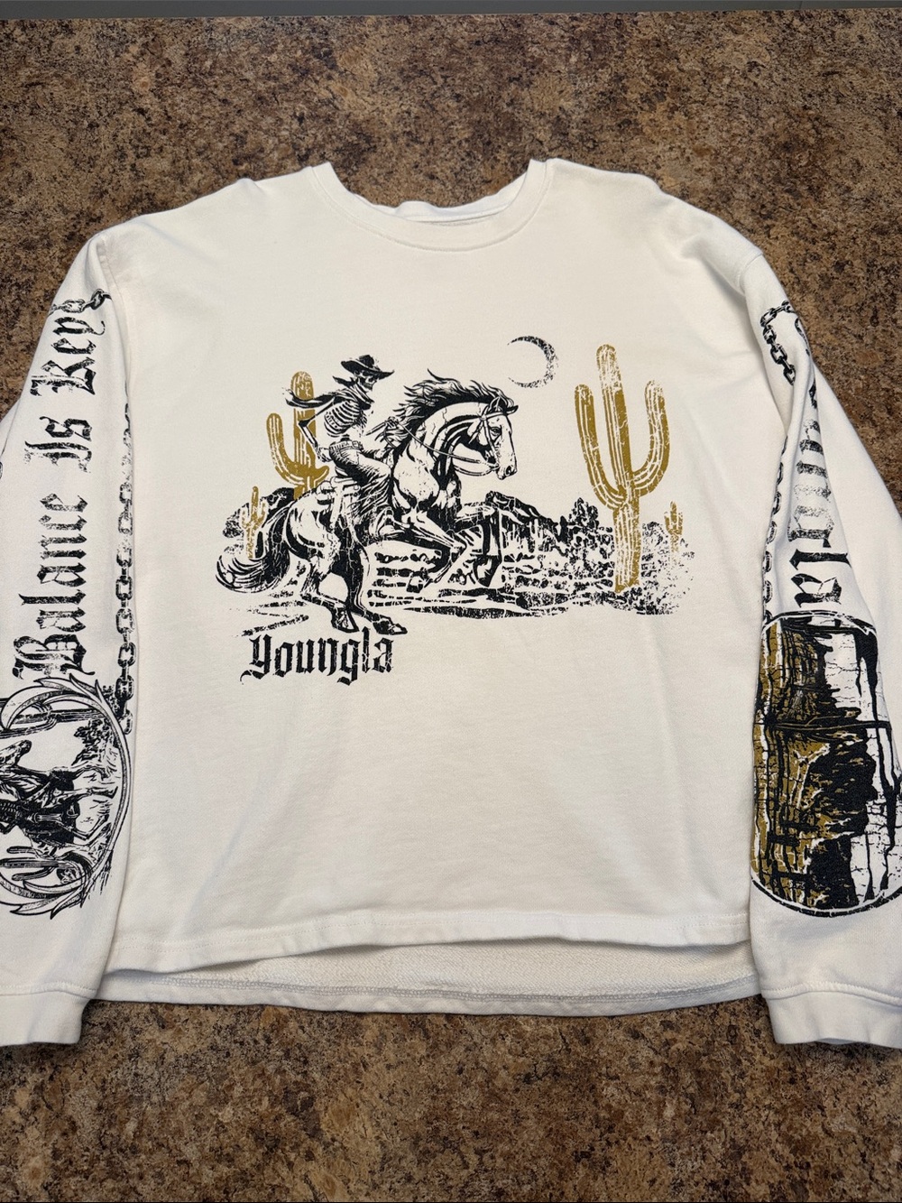 YoungLA White Long-Sleeve Western Graphic Tee with Gold Accents